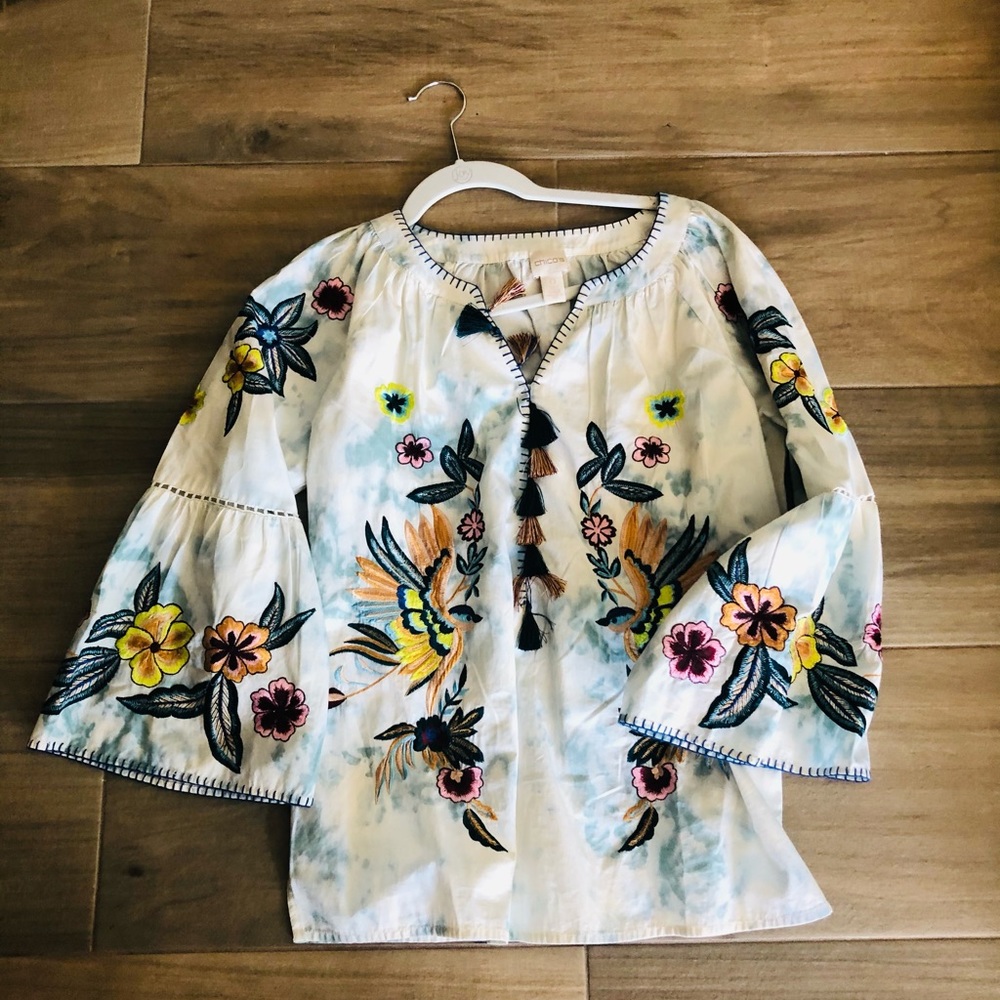 Chico’s embroidered bell sleeve boho top sz 0.